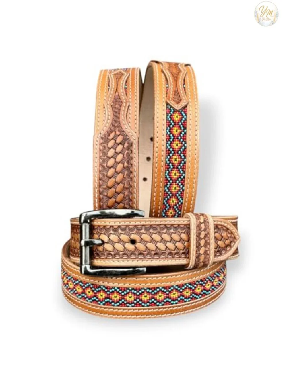 Handmade Full Grain Leather Cowboy Belt with Removable Buckle Beaded Tooled